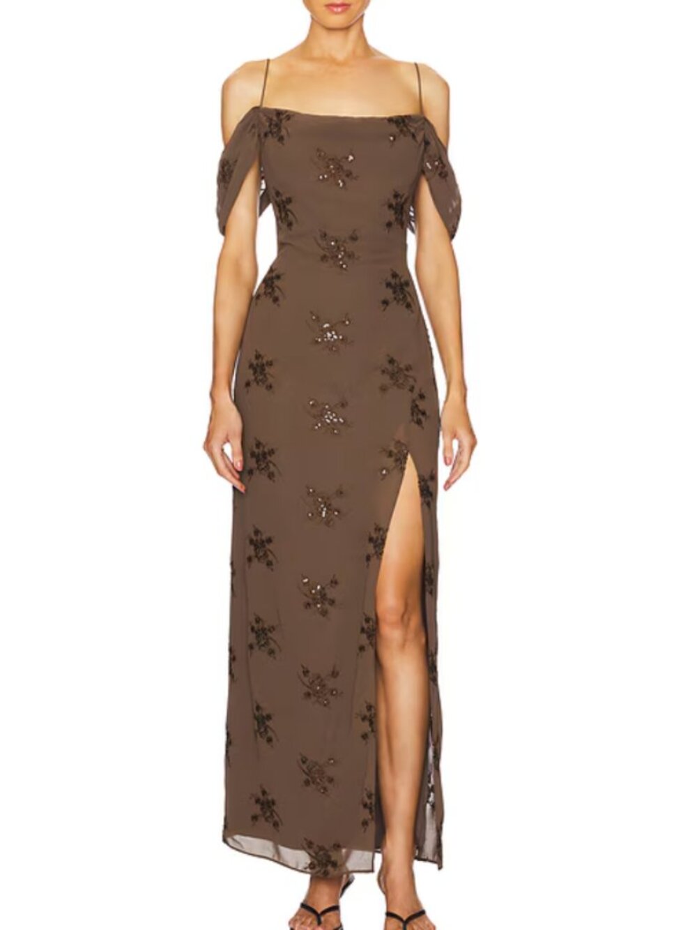 NWT LPA Revolve Yvanna Embroidered Maxi Dress Gown Small Brown Cafe Cocktail